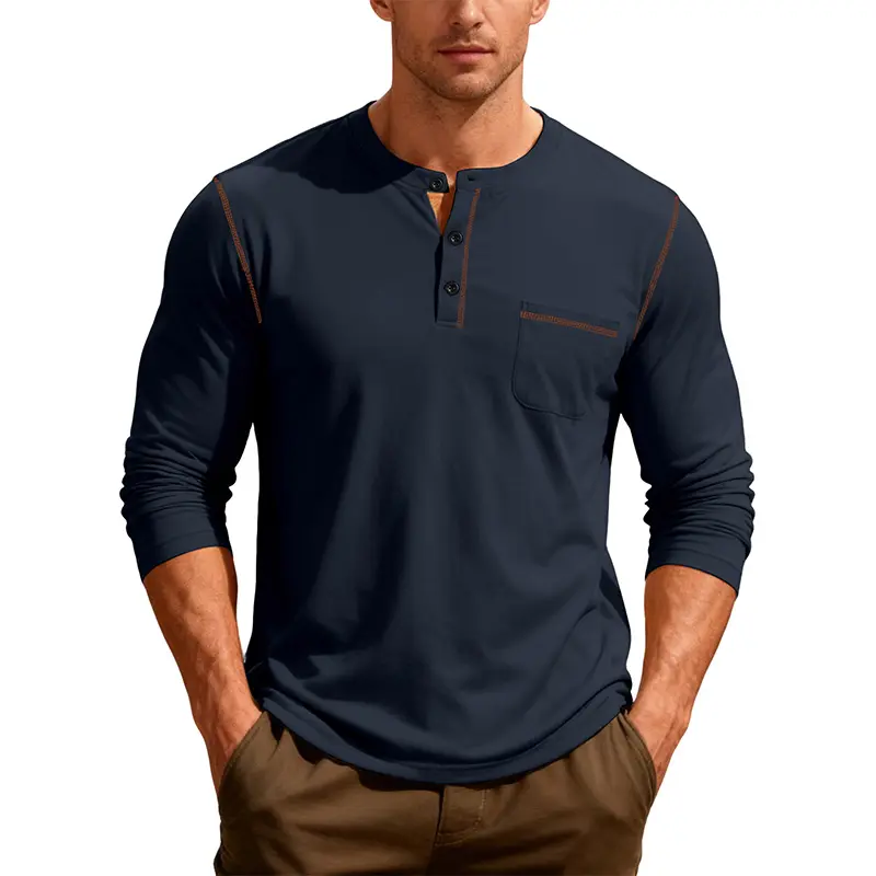 Men's Henley Shirt, Casual Longsleeve Cotton Blend Pullover with Contrast Stitching, Athletic Fit Top for Daily Wear, Machine Wash, Menswear