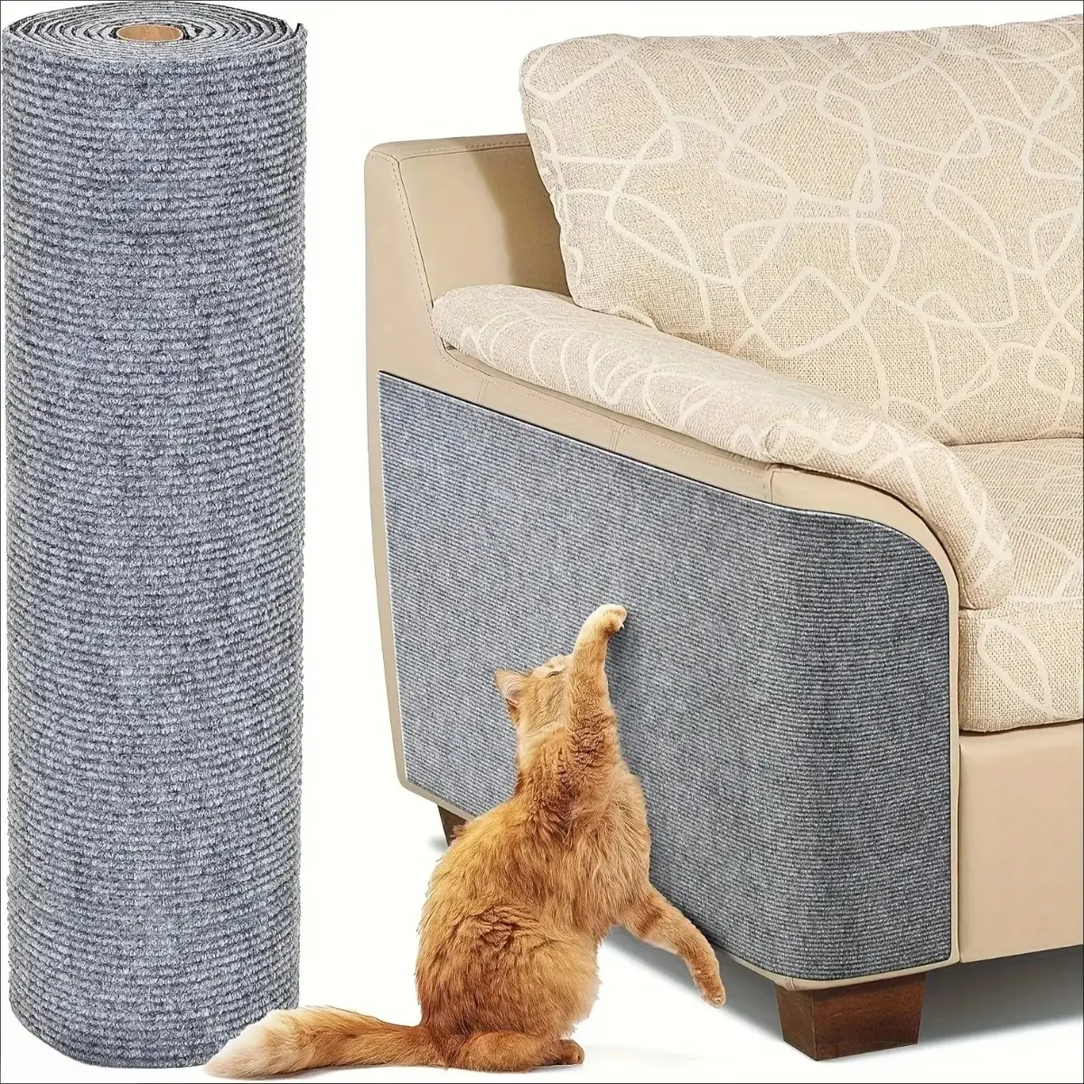 Self-Adhesive Synthetic Cat Furniture Protector Mat - Durable Scratch-Deterrent Grey Mat with Trimmed Edges for Easy Install on Couches, Doors