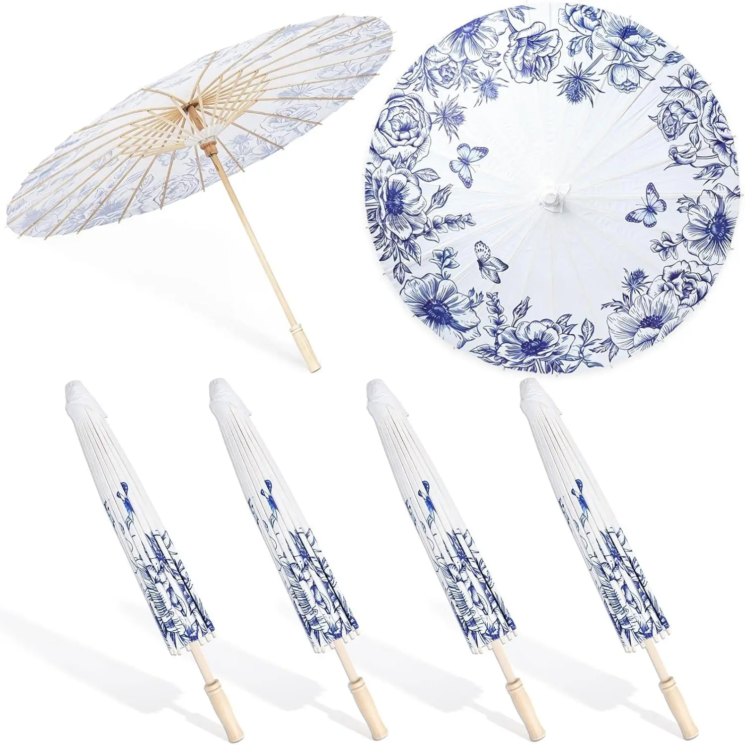 Mototo 4PCS Blue and White Chinoiserie Paper Parasol Umbrella for Wedding 23.6 Inch Small Parasols Japanese Chinese Umbrellas for Guests Bridal Tea Coastal Party Decor Photography Cosplay Photo Props