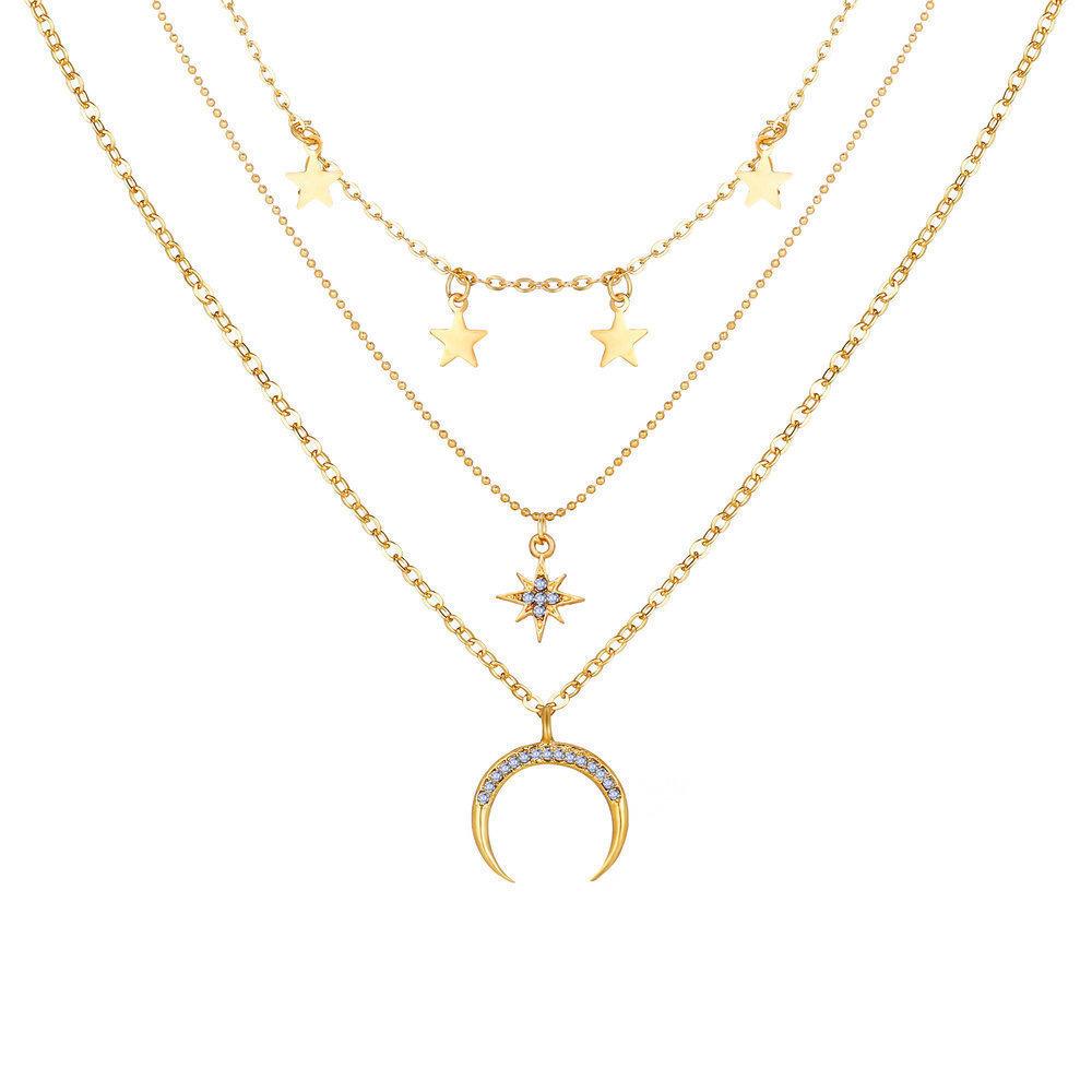 Gold Layered Star Moon Pendant Necklace for Women, Dainty Multi-Chain Necklace Set