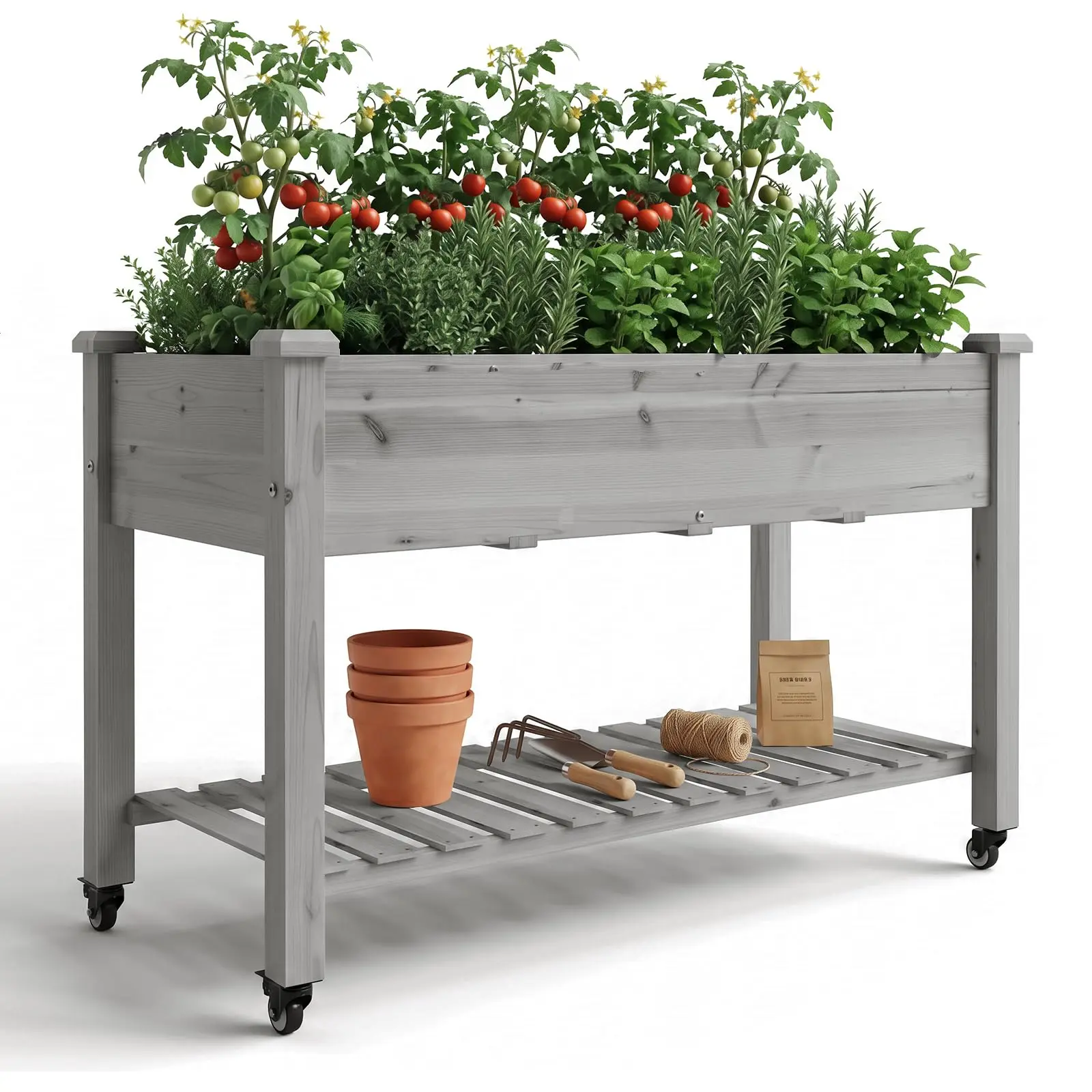 GARVEE 47x23x32 in Raised Garden Bed with Lock Wheels, Wood Frame Planter Box, Storage Shelf & Fabric Liner, Mobile Outdoor Patio Growing Stand for Vegetables, Flowers