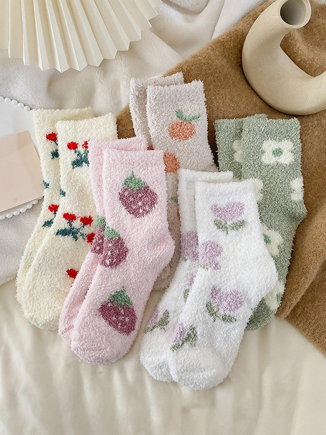 Women's Fruit Print Coral Fleece Crew Socks, Casual Soft Comfy Cute Thermal Socks for Fall & Winter, Women's Socks for Daily Wear