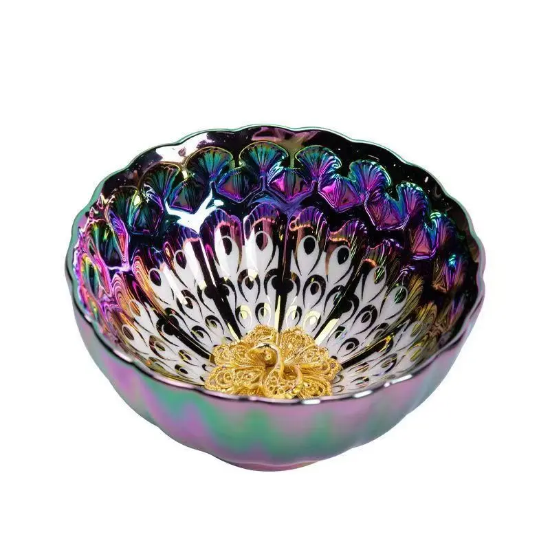 Elegant Aesthetic Rainbow Color Ceramic Tea Set, Peacock Feather Texture, Transparent Center, Traditional Chinese Kung Fu Tea Tray