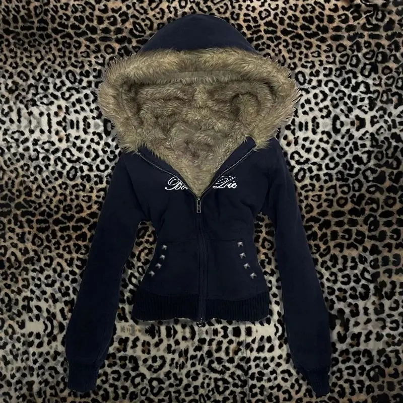 Y2K Harajuku Aesthetic Women's Fur Collar Hoodie Sexy Slim Chic Casual Solid Color Cardigan Sweatshirt Goth Punk Rock Streetwear