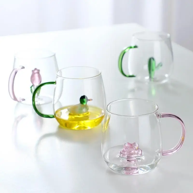 3D Stereo Animal Plant Figurine Glass Mug, Multicolor Handgrip Clear Drinking Cup, Cute Underwater Ocean & Floral Figure Tumbler for Coffee Milk Tea Juice, Decorative Household Water Cup & Creative Holiday Gift, Summer Wins Kitchen Tableware