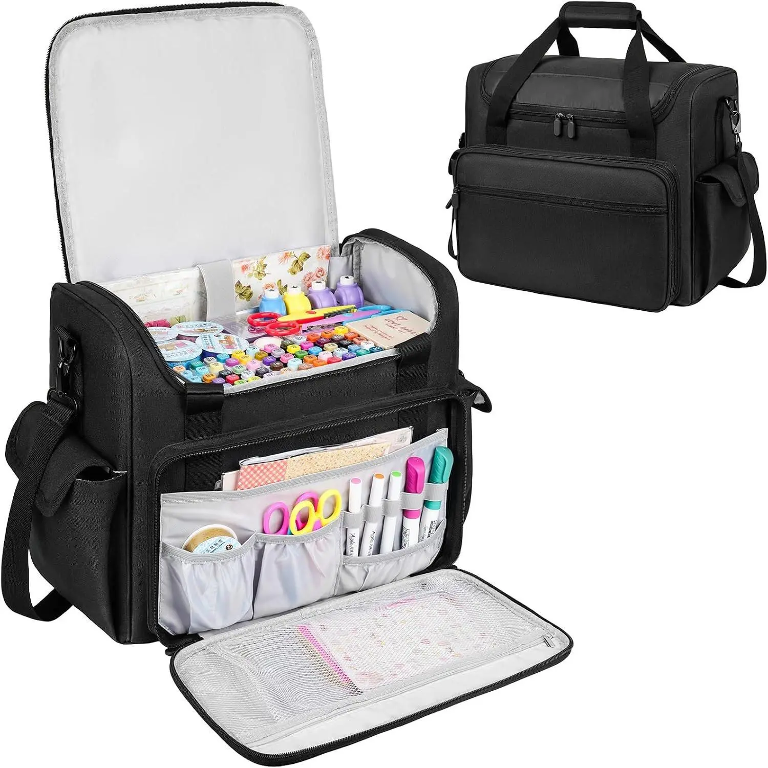 Craft Bag for Scrapbook Supplies, Large Scrapbook Tote with 15.6'' Laptop Sleeve, Art  Storage Bag with Multiple Pockets for Scrapbooking Tools, Black