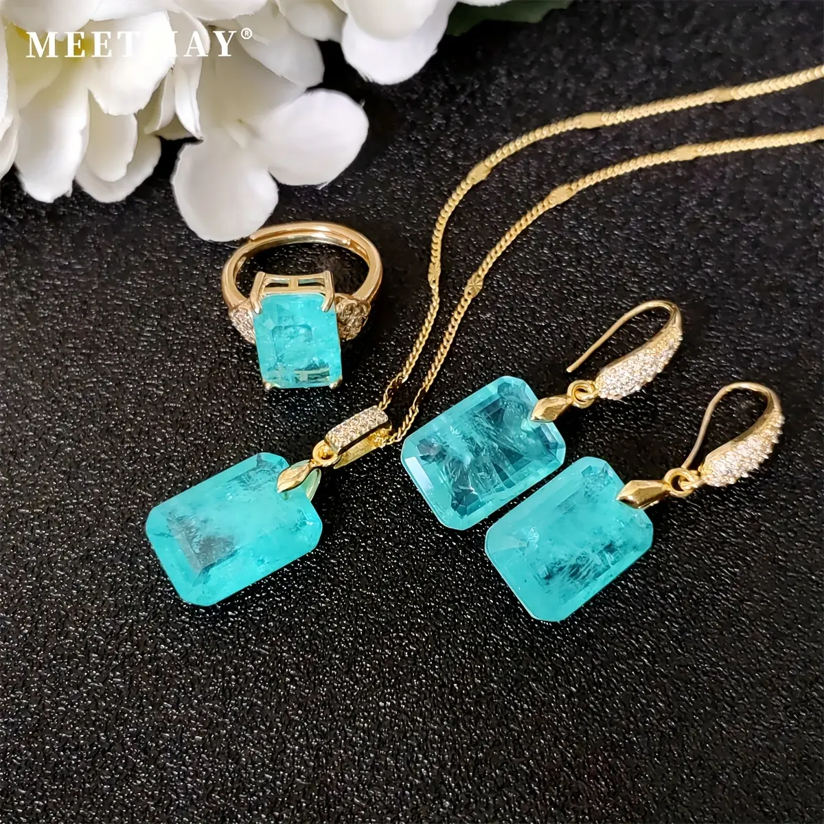 Elegant Paraiba Blue artificial Synthetic Artificial Crystal Jewelry Set for Women - Includes Pendant Necklace, Earrings & Ring with Unique Textures
