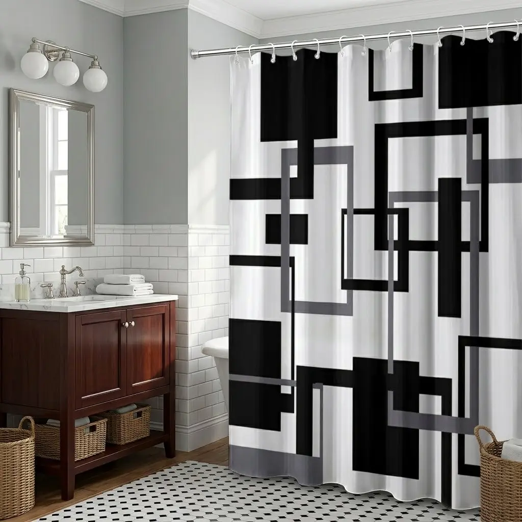 1pcs Black Grey Interlocking Geometric Square Abstract Print White Base Decorative Shower Curtain, Minimalist Modern Art Bath Drape for Housewarming Contemporary Bathroom Decor