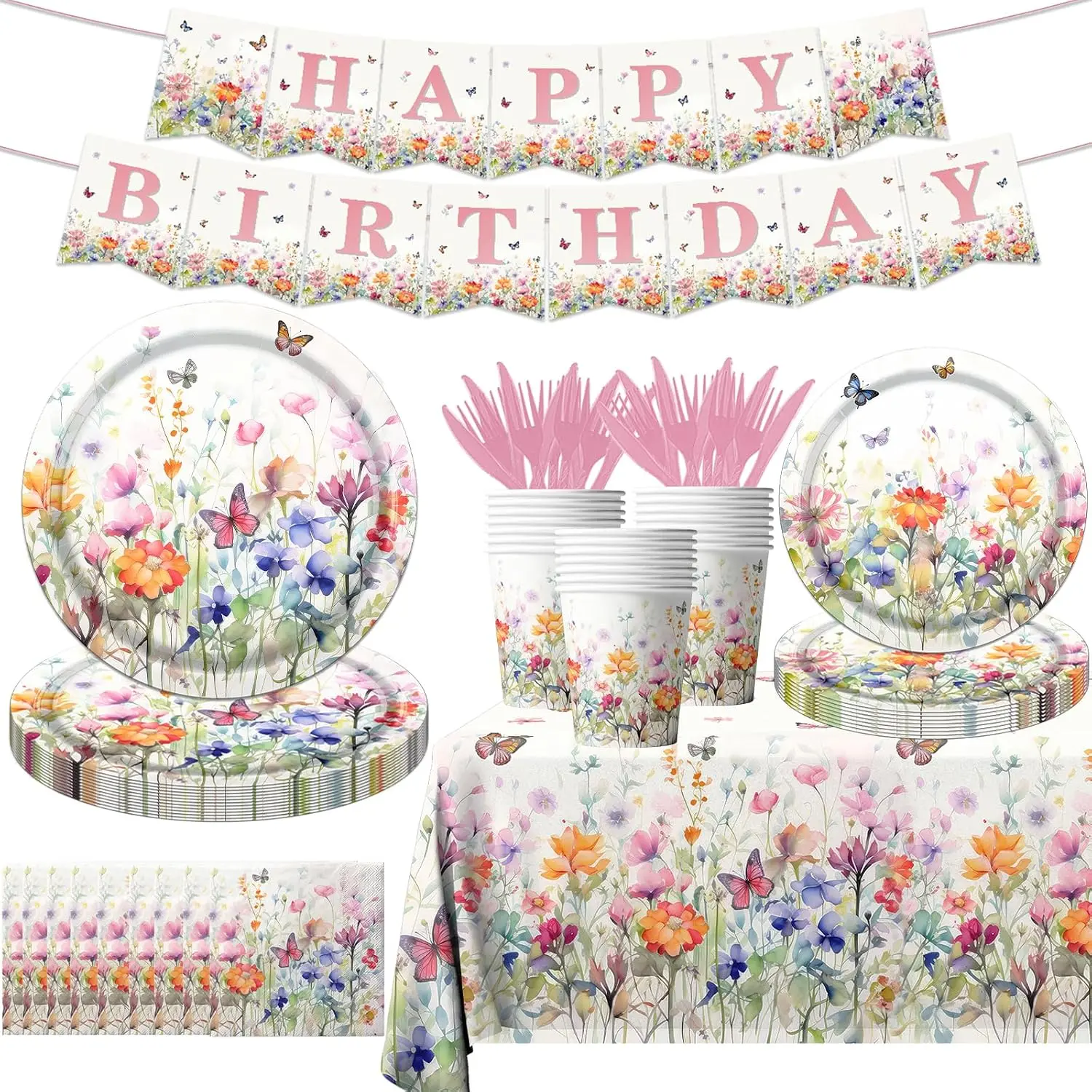 Wildflower  Shower Decorations,142Pcs Wildflower  in Bloom Plates and Napkins,Tablecloth,Cup Butterfly Floral Theme Table Decorations for Bridal Shower Birthday Party