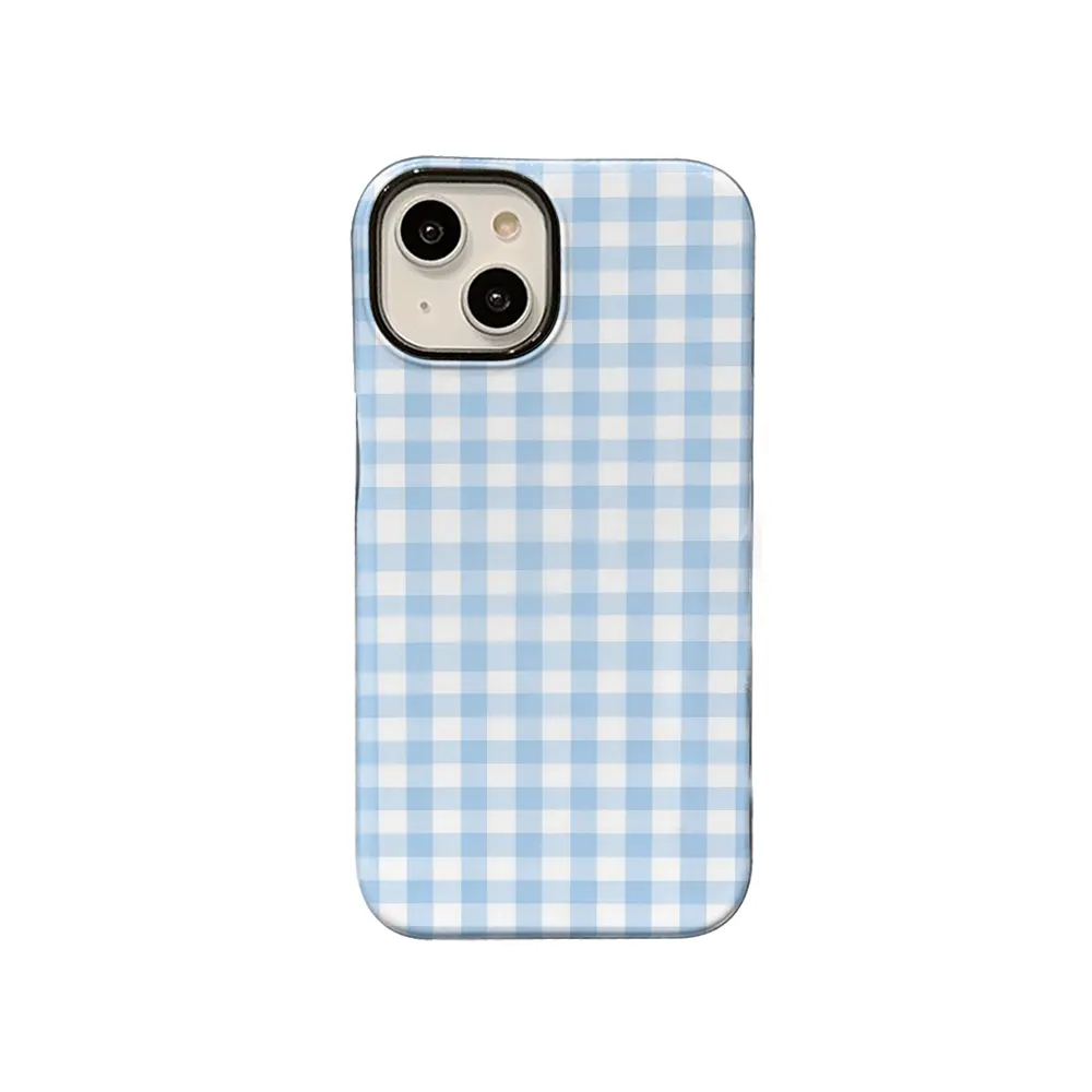 Light Blue Gingham Plaid Phone Case - Fresh Preppy Style Custom Casing Shell, Protective Accessories for iPhone 17,16,15,14,13,12,11 Plus Pro Max, Elegant Daily Gift, Cover, Shockproof