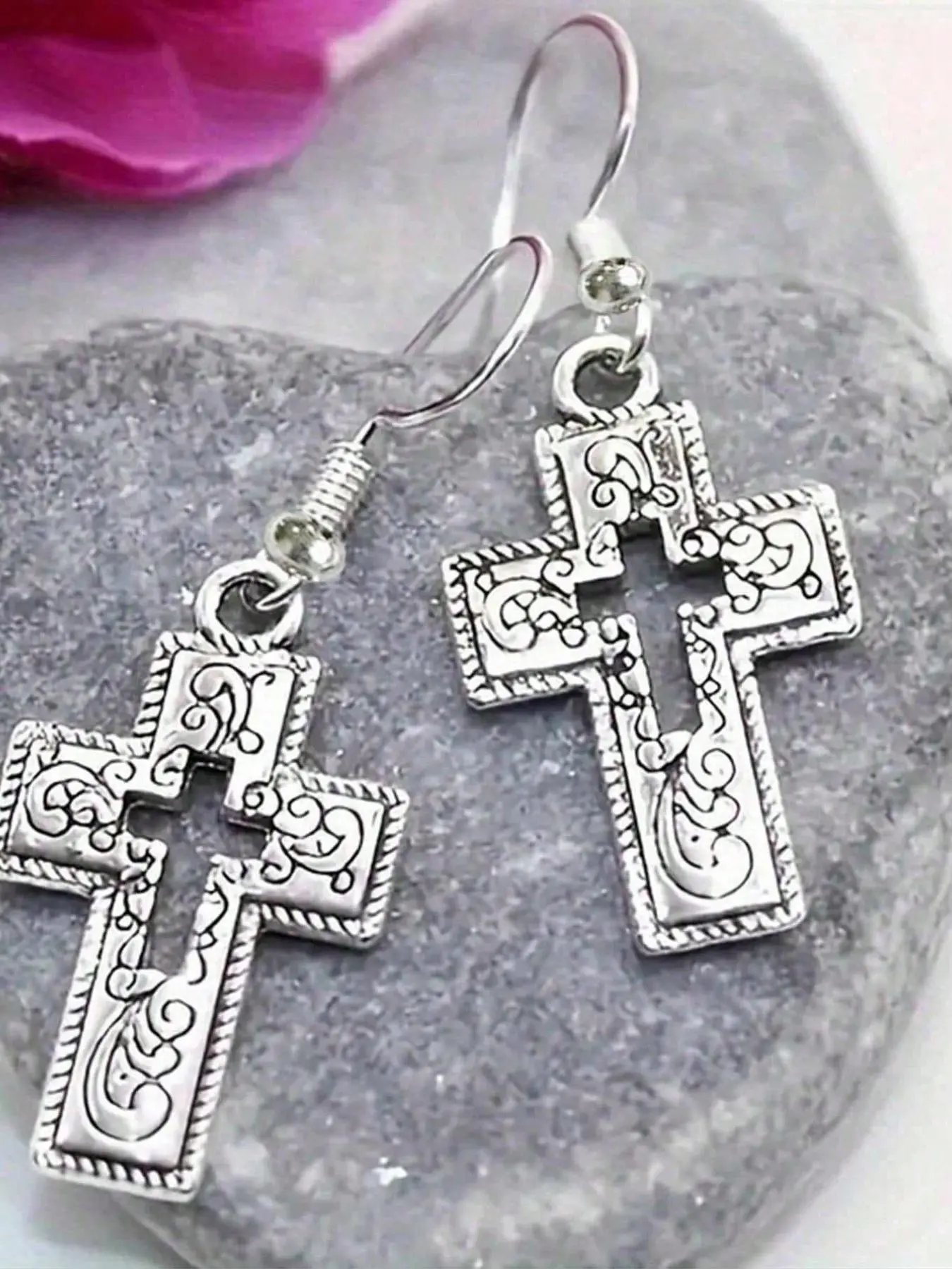 1 pair Vintage Carved Cross High Quality Earrings For Women, Exaggerated Religious Style Fashion Earrings