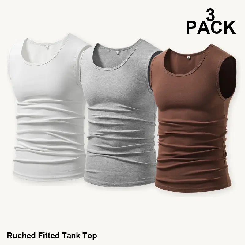 Menswear 3-Pack Plain Fitted Scoop Neck Sleeveless Longline Tank Tops, Side Ruches, Relaxed Full-Length Easy Pull-On Casual Wear, Sizes S-XXL, Wash Separately, WLDBXA-21005 Group 1