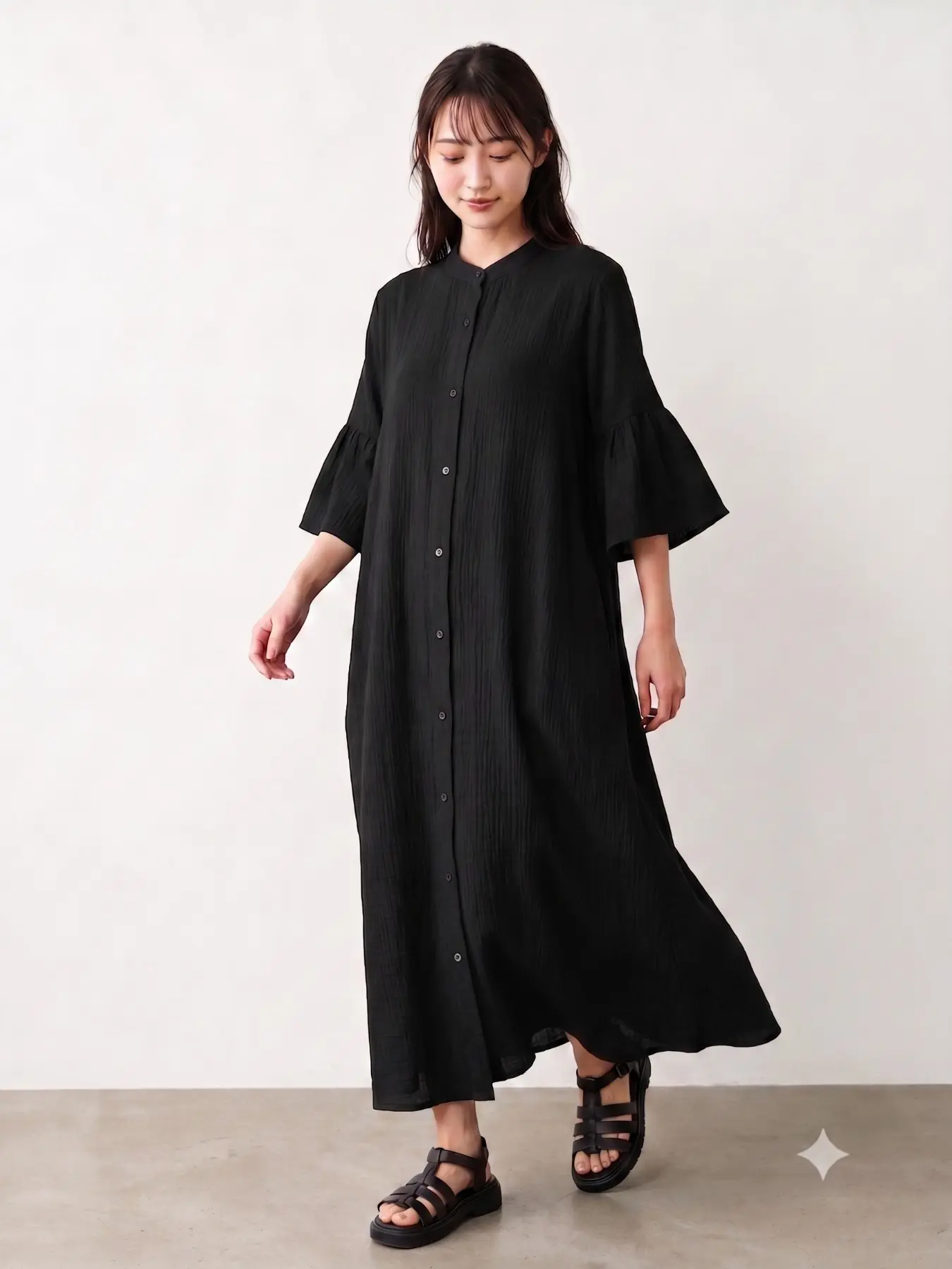 Solid Color Flare Sleeve Loose-Fit Shirt Dress | Casual High-Waist Patchwork Slimming Maxi Dress | Ideal for Daily Wear, Vacation & Travel Outing