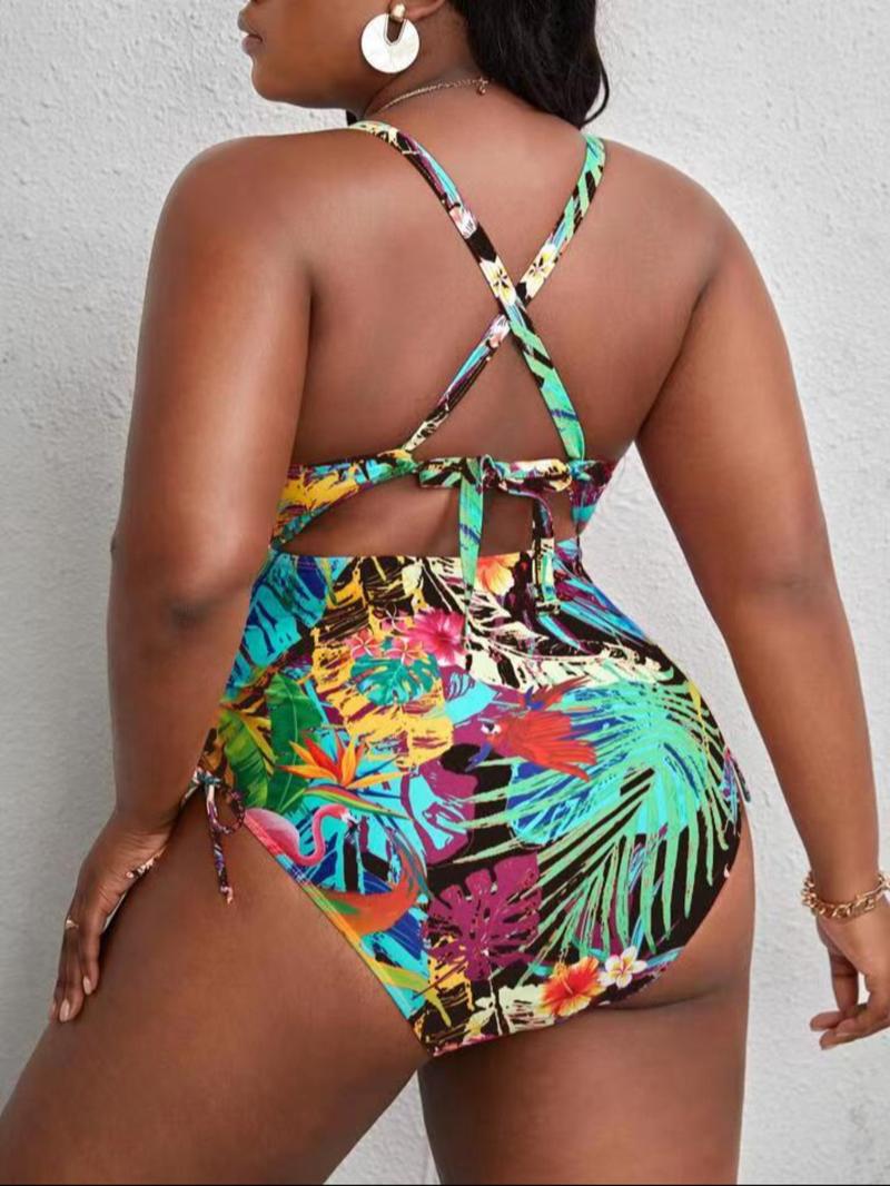 Plus Size Tropical Print Criss Cross Cut Out One-piece Swimsuit, Boho Tie Side Sleeveless Swimwear For Beach Holiday Vacation, Women's Plus Size Swimsuit For Summer, Casual Swimsuit