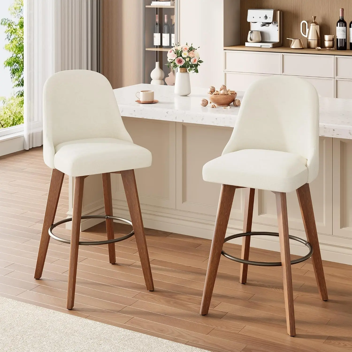 2pcs Counter Height Bar Stools Set of 2, 360° Swivel Barstools, Linen Fabric Upholstered Bar Chairs with Backs and Wood Legs, 26" Seat Height Counter Stools for Kitchen Island