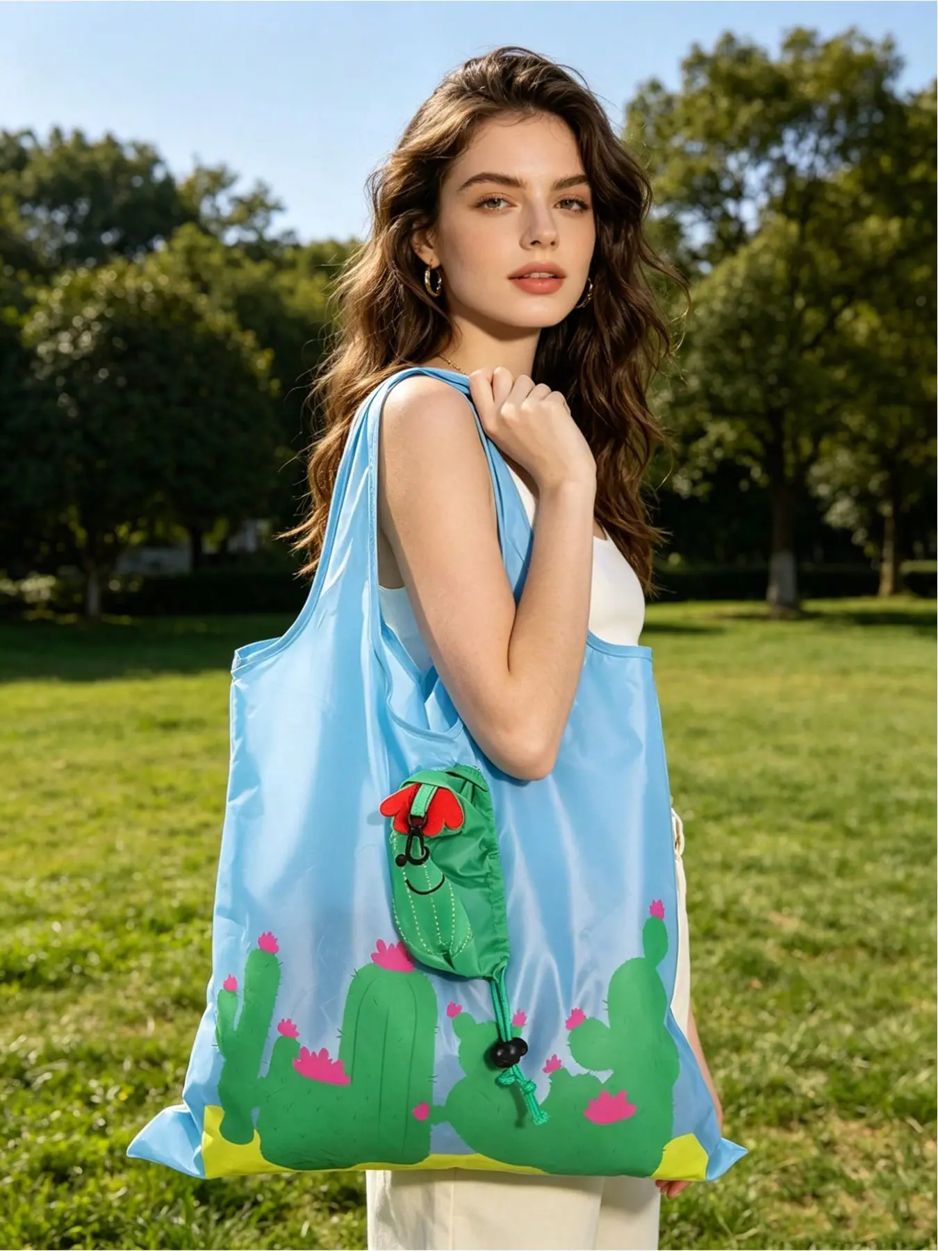Cute Strawberry Reusable Shopping Tote Bag with Red Polka Dots & Green Bow, Foldable Washable Polyester Grocery Bag with Sturdy Handles, Ideal for Travel Market Gift Wrap, Unique Birthday Teacher’s Day Wedding Back to School Gift for Friends Family