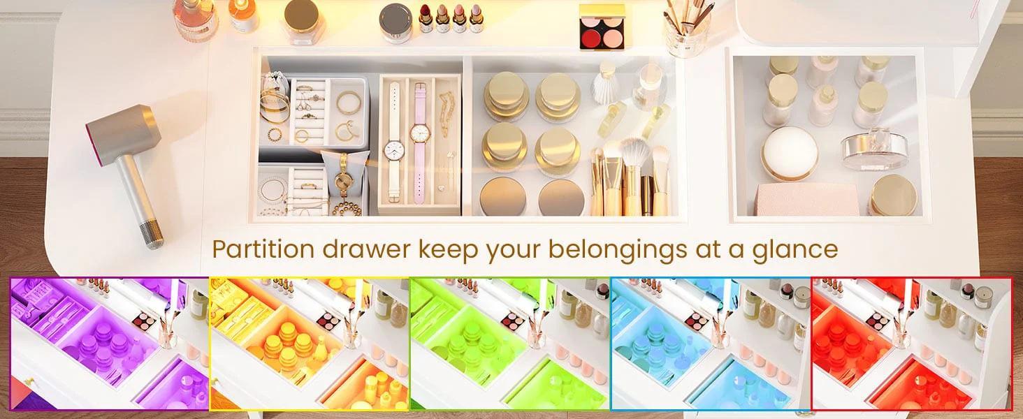 Arched Makeup Vanity with LED Lighted Mirror and Charging Station White