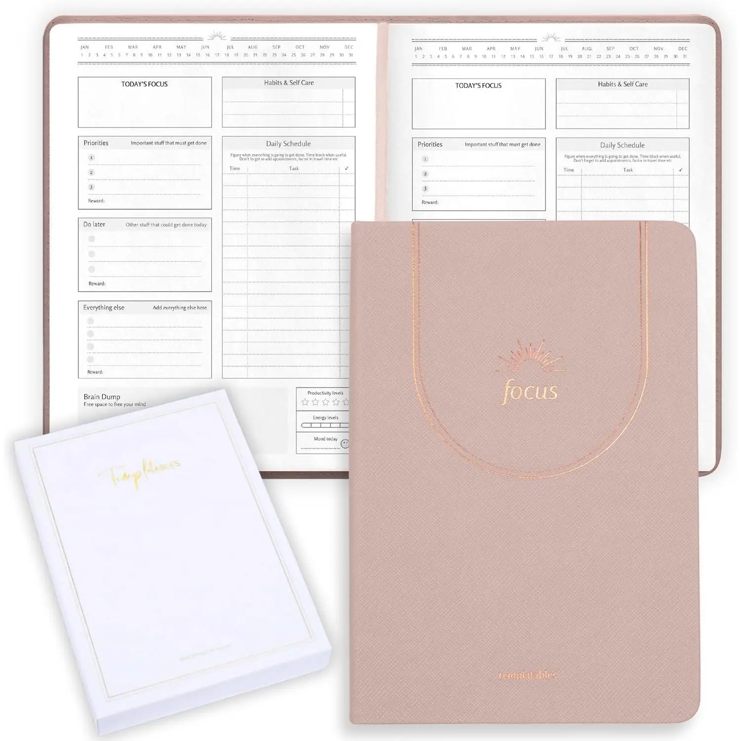 A5 Size Undated Pages Neurodivergent Adults' Leather Task Planner, 170gsm Paper, Foiled Details, Guided Focus Pages, Productivity Organizer with Box