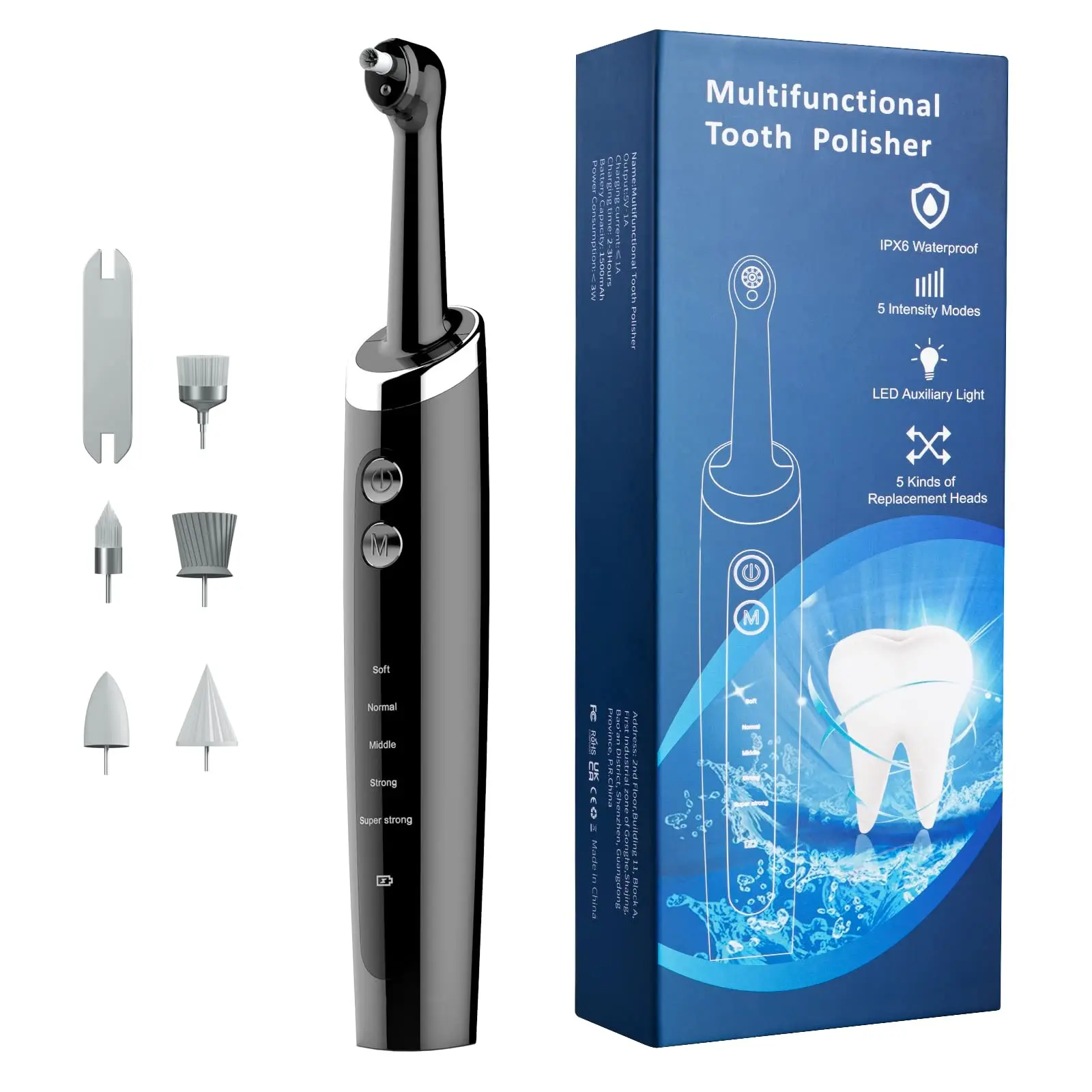 Multifunctional Electric Tooth Polisher Kit, Portable Home Use Dental Polishing Machine with LED Light, LED Auxiliary Light Tooth Polisher, 5 Brush Heads & 5 Speed Modes, Teeth Cleaning Machine, Teeth Cleaning Tool, Portable Teeth Cleaner