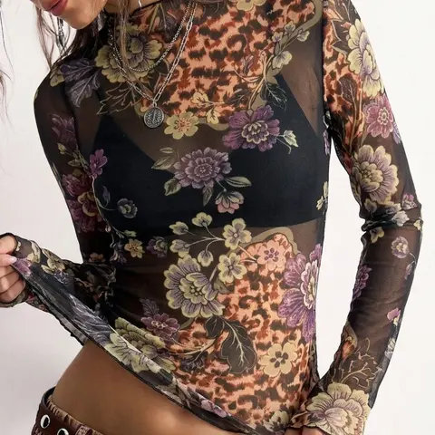 Vintage Casual Classy Elegant Leopard Floral Sheer Mesh Top, Stretchy Long-Sleeve Slim Fit Shirt