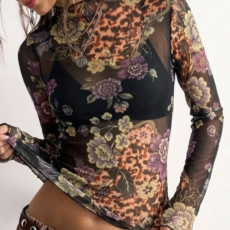 Vintage Casual Classy Elegant Leopard Floral Sheer Mesh Top, Stretchy Long-Sleeve Slim Fit Shirt