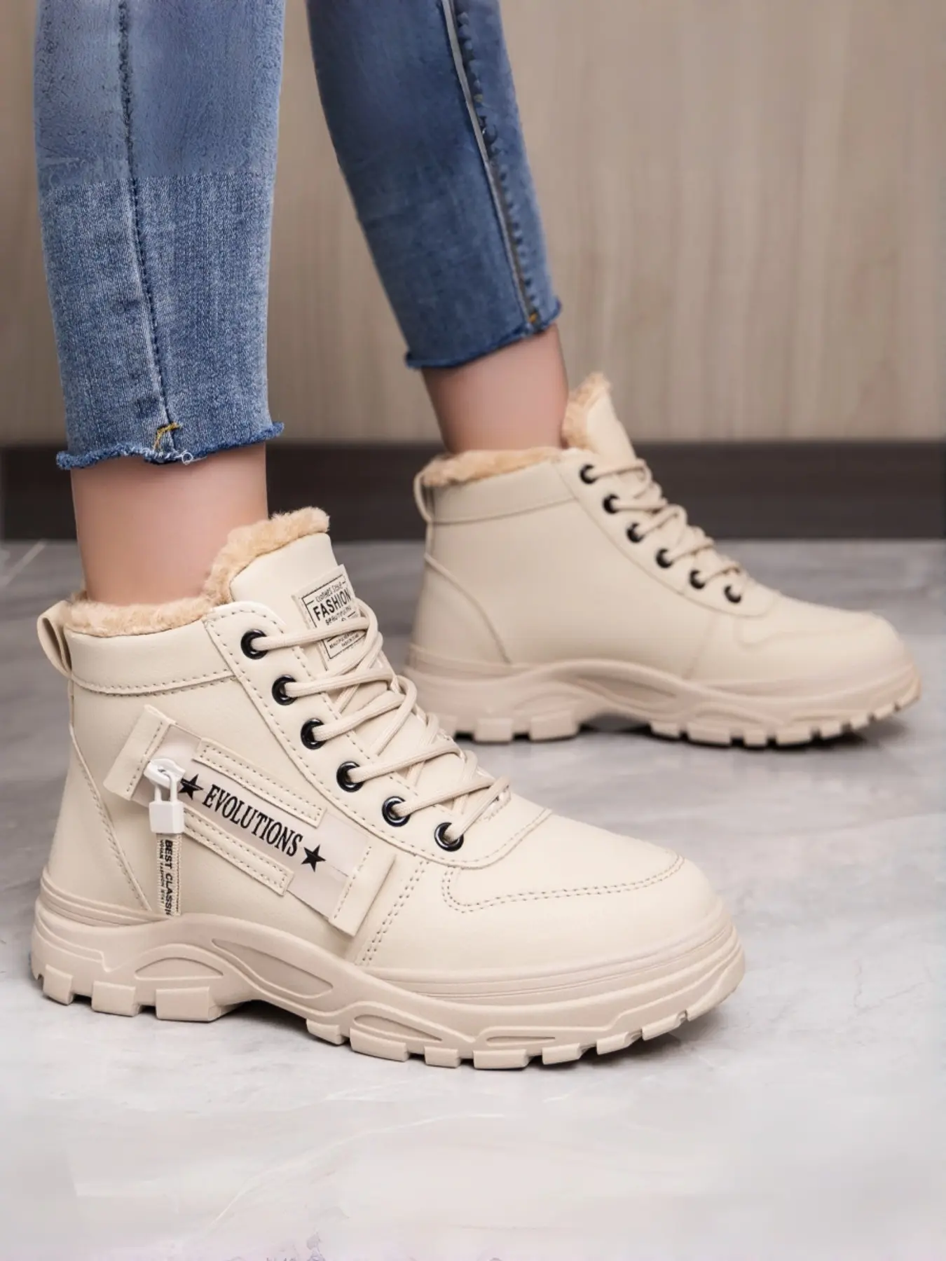 Autumn Winter Street Fashion Thick Sole High Top Women's Shoes, Fleece Lined Warm Commuter Casual Workwear Short Boots