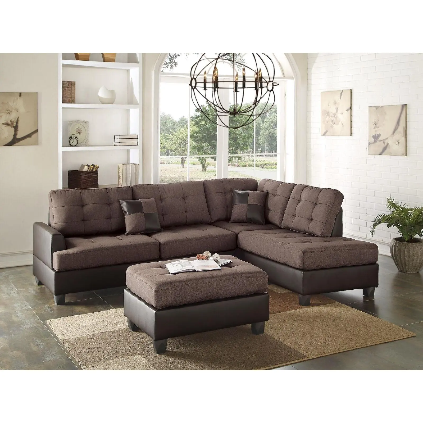 Nokaa 5-Seat 3-Piece L-Shaped Sectional Sofa Set with Reversible Chaise Lounge, Ottoman, Chocolate Polyfiber Fabric, Pine Wood Frame, Square Arms, Cushion Back, Contemporary Modern Living Room Furniture, Pillows Included, Five Seats