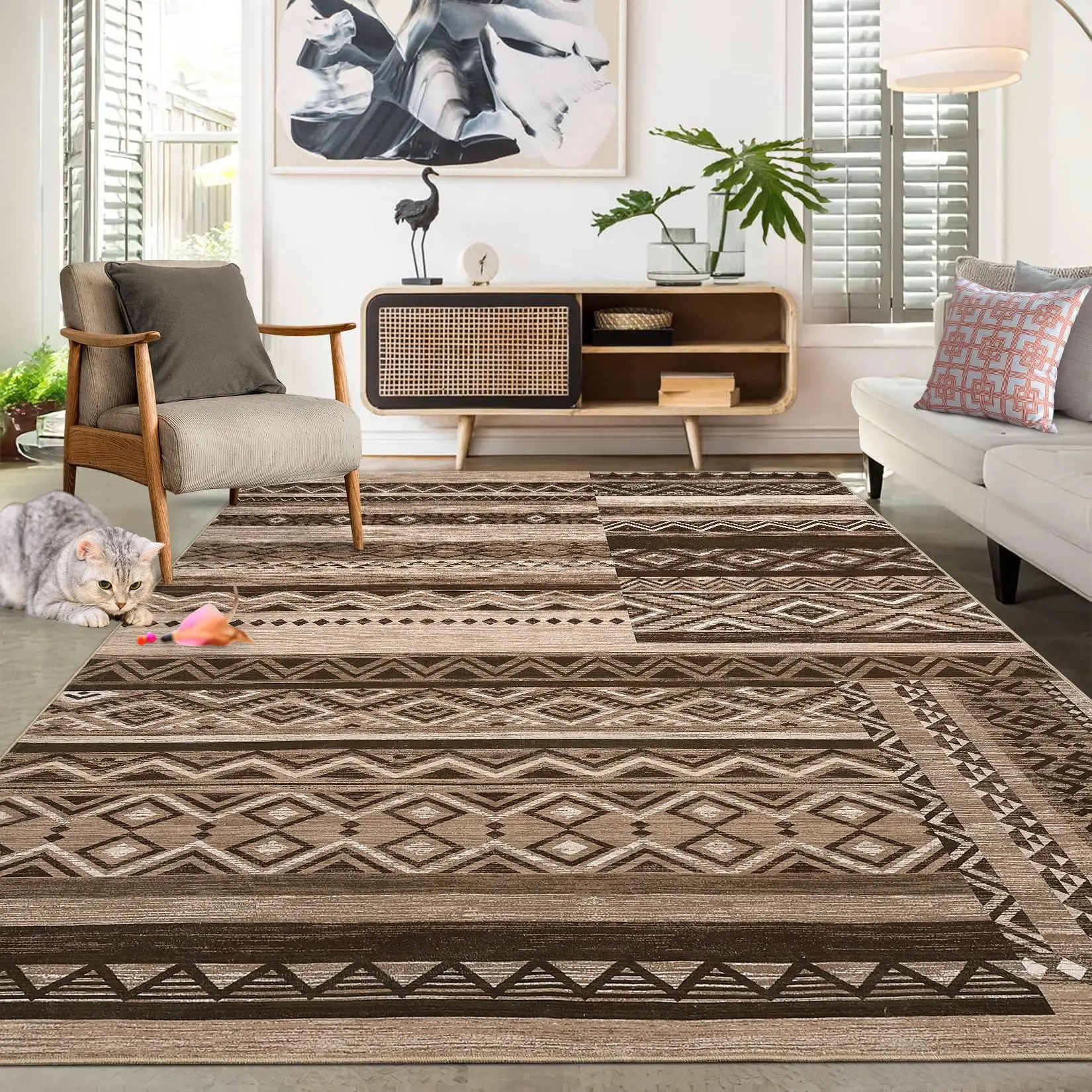 Garvee 9x12 Rug Washable Rugs Distressed Vintage Tribal Geometric Area Rug for Living Room Bedroom Office Nursery Low Pile Neutral Soft Patchwork Rug Non Slip Farmhouse Floor Cover Brown