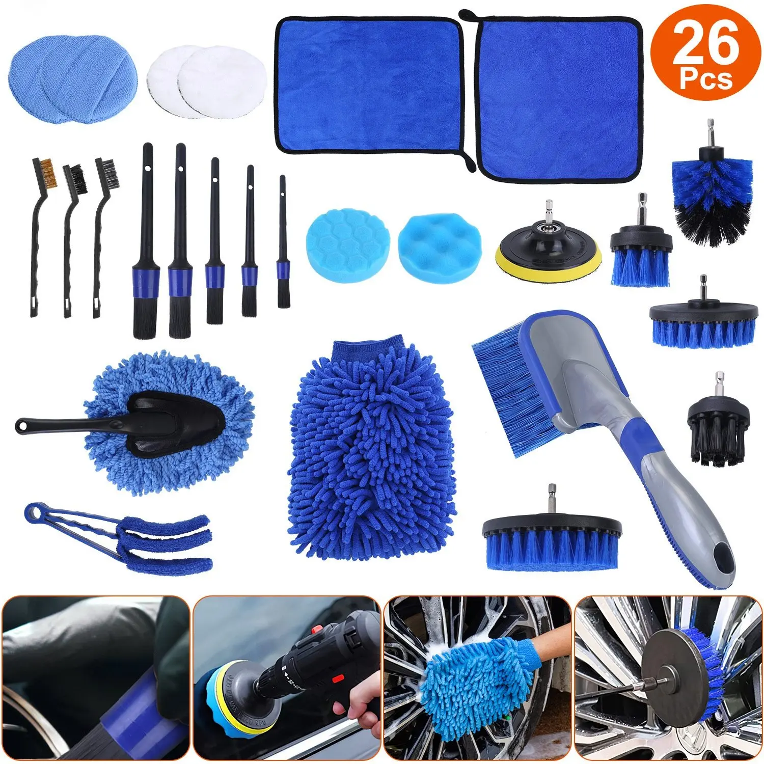 26-Piece Car Detailing Brush Kit — Professional Drill Brush Set with Microfiber Wash Mitt, Polishing Pads & Tire Brush for Interior & Exterior Cleaning