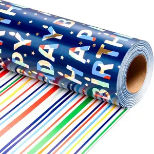 Blue Birthday Wrapping Paper Roll Reversible-Metallic Foil Colorful Birthday Lettering On Navy Blue Gift Wrapping Paper for Boys Girls Birthday Baby Shower Party(17 IN x 32.8 FT)
