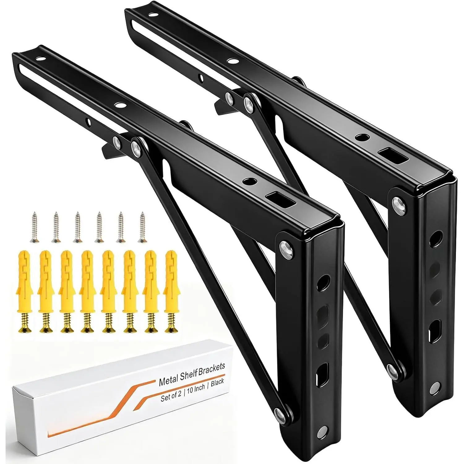 10 Inch Folding Shelf Brackets, Heavy Duty Wall Mounted Collapsible Metal Shelf Bracket, Black Folding Table Brackets for Workbench, Kitchen, Living Room, Bedroom, Study, 2 Pack