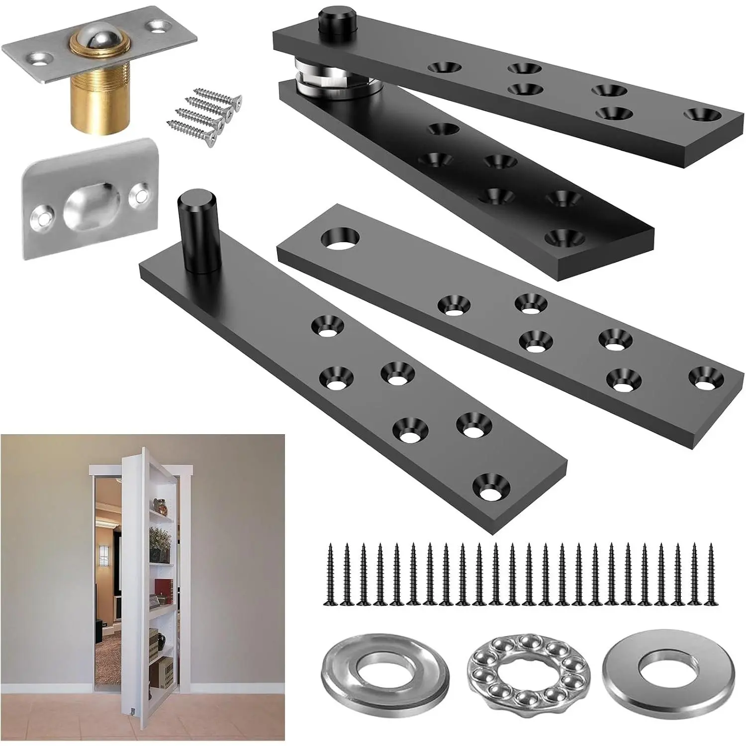 Hidden Door Hinge Pivot Hardware 360 Degree Rotation Murphy Bookcase, Heavy Duty Pivot Hinge Kit  Max 300 lbs, Secret Door Hinges (Black)