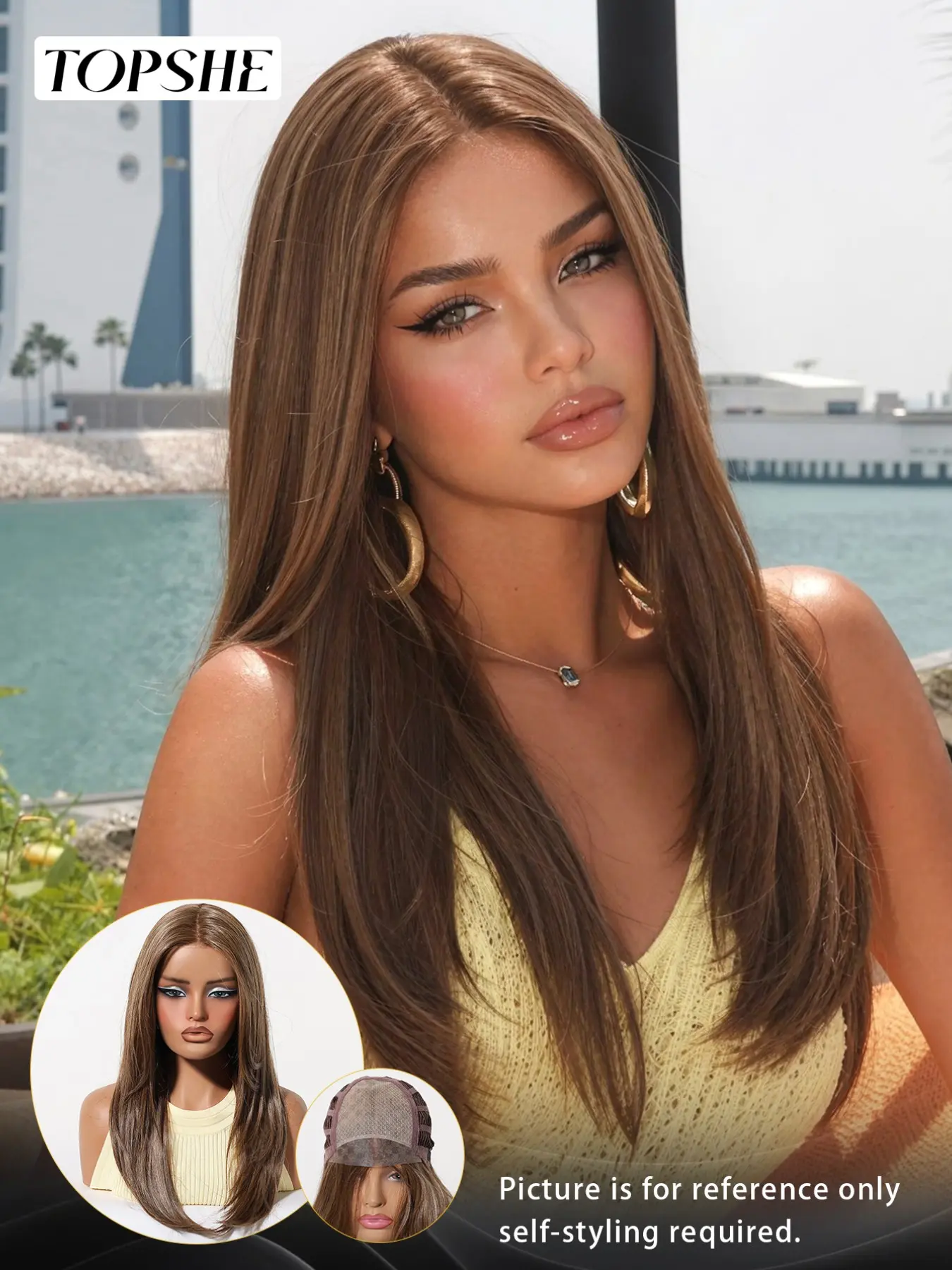 Topshe Hot Selling Mono Lace Pre-Cut Chocolate Brown Layer Wig For Women, Realistic Pre Plucked Baby Hairline, Silky Futura Heat Resistant Fiber, Glueless Natural Everyday Wig For Makeup & Party
