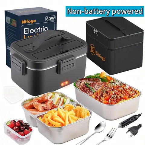 Self Heating Lunchbox for Adults, 80W Power Insulated Tableware with Insulated Lunch Compartment, 1.5L/1.8L Electric Food Warmer, 12V-24V/110V Leakproof Portable Container with Fork+Spoon, Patchwork Carry Bag for Driving/Office