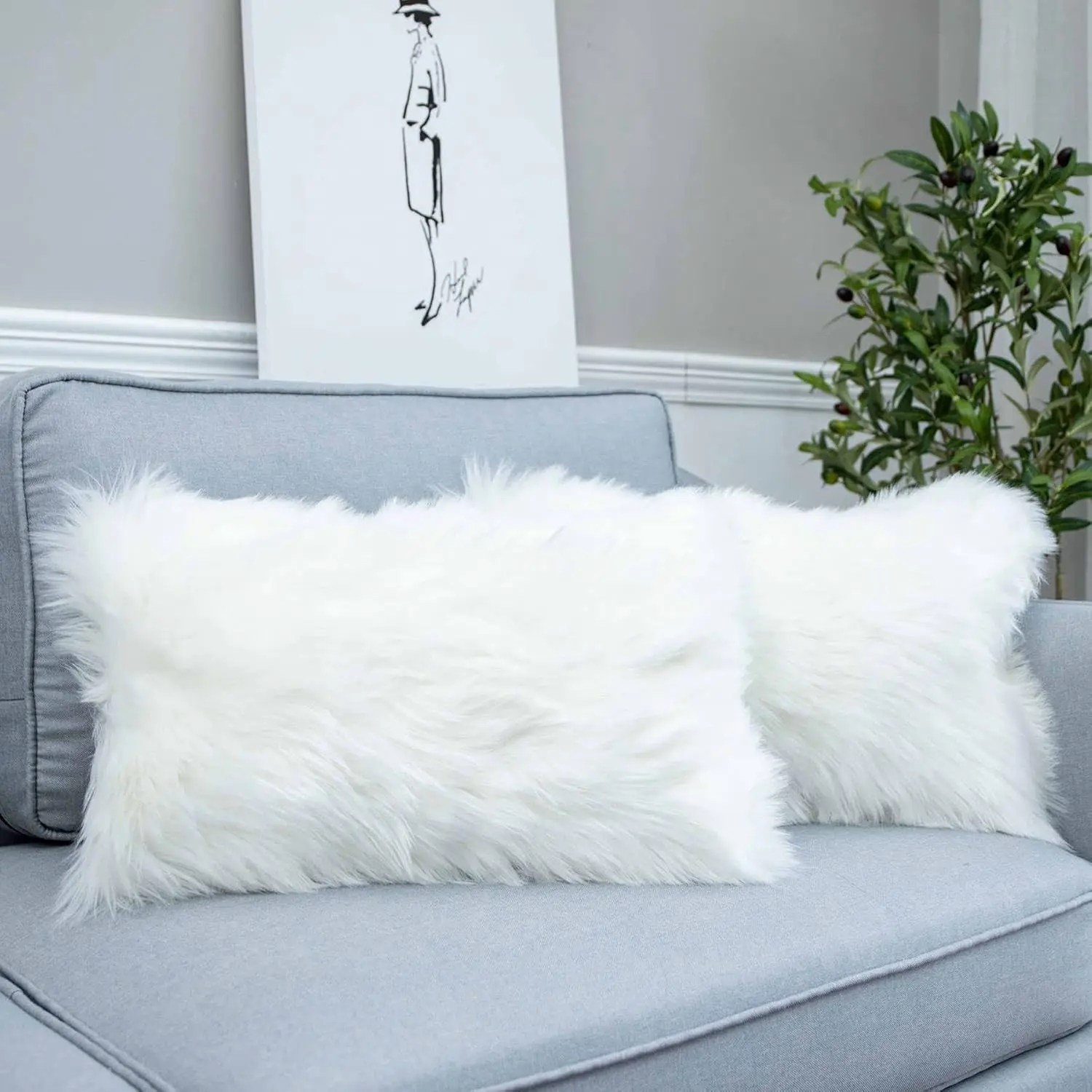Set of 2 Decorative White  Faux  Throw Pillow Cover Luxury Series Rectangle Soft Plush Pillow Case Cushion Cover for Couch Sofa Bed (12" x 20")