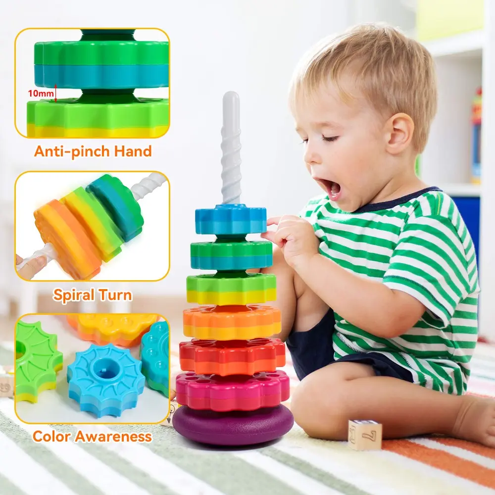 Baby Rotating Stacking Toy, Rainbow Ring Stacking Toy, Christmas Birthday Gift for Boys Girls, Autism Sensory Learning Toy, Block Tower Game, Rainbow Ring Stacker