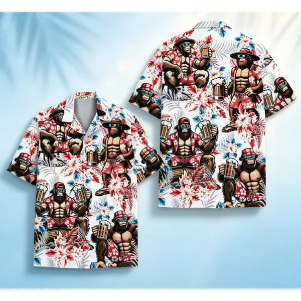 Funny Beer Hawaiian Shirt for Men Women, Bigfoot Button-Down Short Sleeve Shirt, Tropical Summer Beach Party Shirt