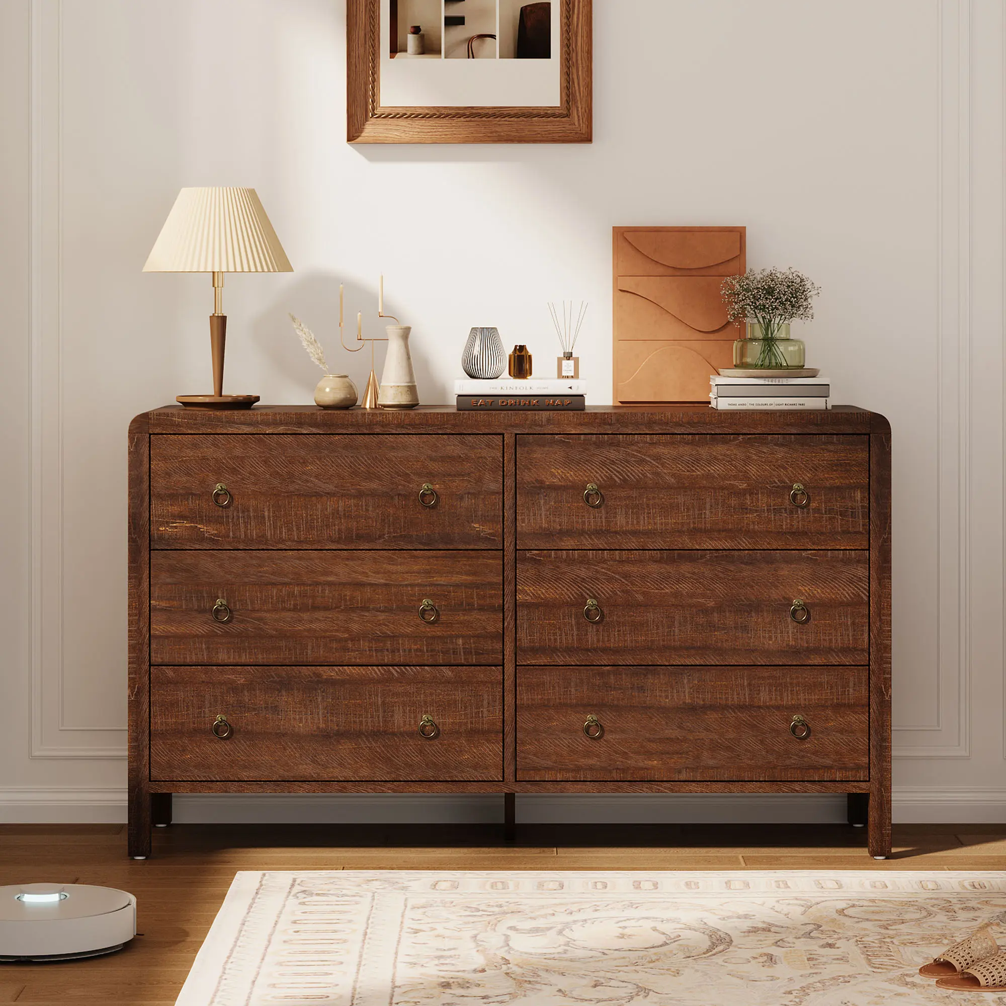 Modern 6 Drawer Dresser for Bedroom, Dresser TV Stand with Large Drawers, Natural Texture, Curved Angle for Room