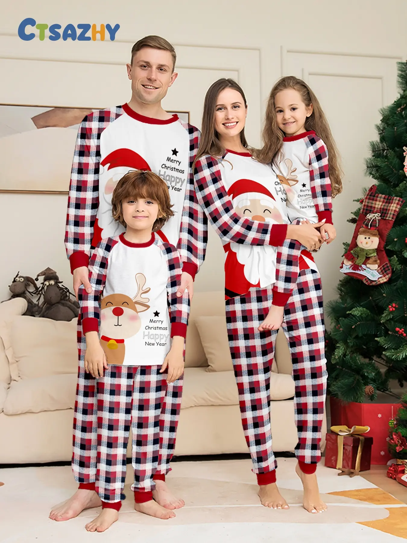 Family Pajama Set, Top Plaid Sleeves, Santa Reindeer Print, Festive Home Wear, Soft Breathable Knit, Holiday Gift