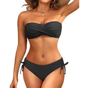 Tempt Me Women's Strapless Bandeau Bikini Set - Twist Front Two Piece Swimsuit Top with Side Tie Bathing Suit Bottom DealsForYouDays