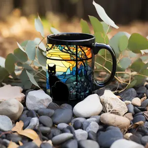Sunset  Stained Glass Black Cat Ceramic Coffee Mug, Vibrant Dusk Sky Mosaic Witchcore Tea Cup, Unique Magical Gift For Cat Mom Witchy Women Sunset Lovers Birthday Christmas Galentine Halloween Housewarming Present