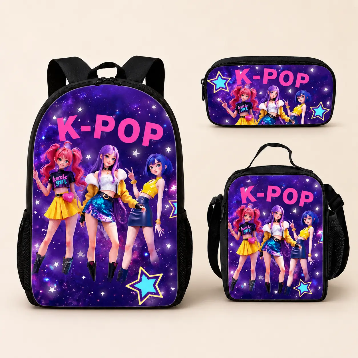 K-Pop Style Girls Backpack Set, 3-Piece School Bookbag with Lunch Bag and Pencil Case, Purple Galaxy Back to School Set for Kids