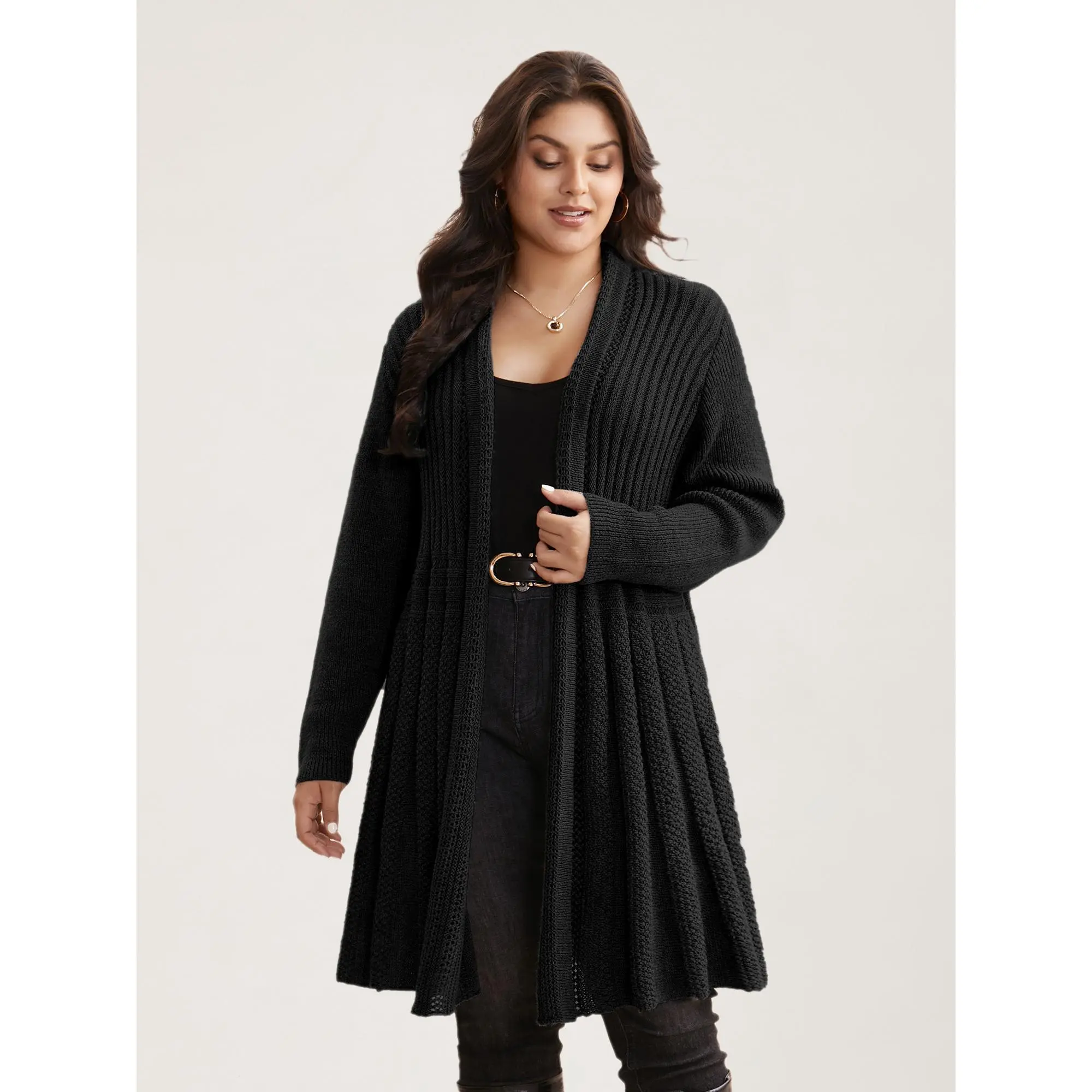 BloomChic Women's Knit Cardigan Tops - Basic Textured Kimono Collar Tunic Soft Casual Knitwear for Fall and Winter