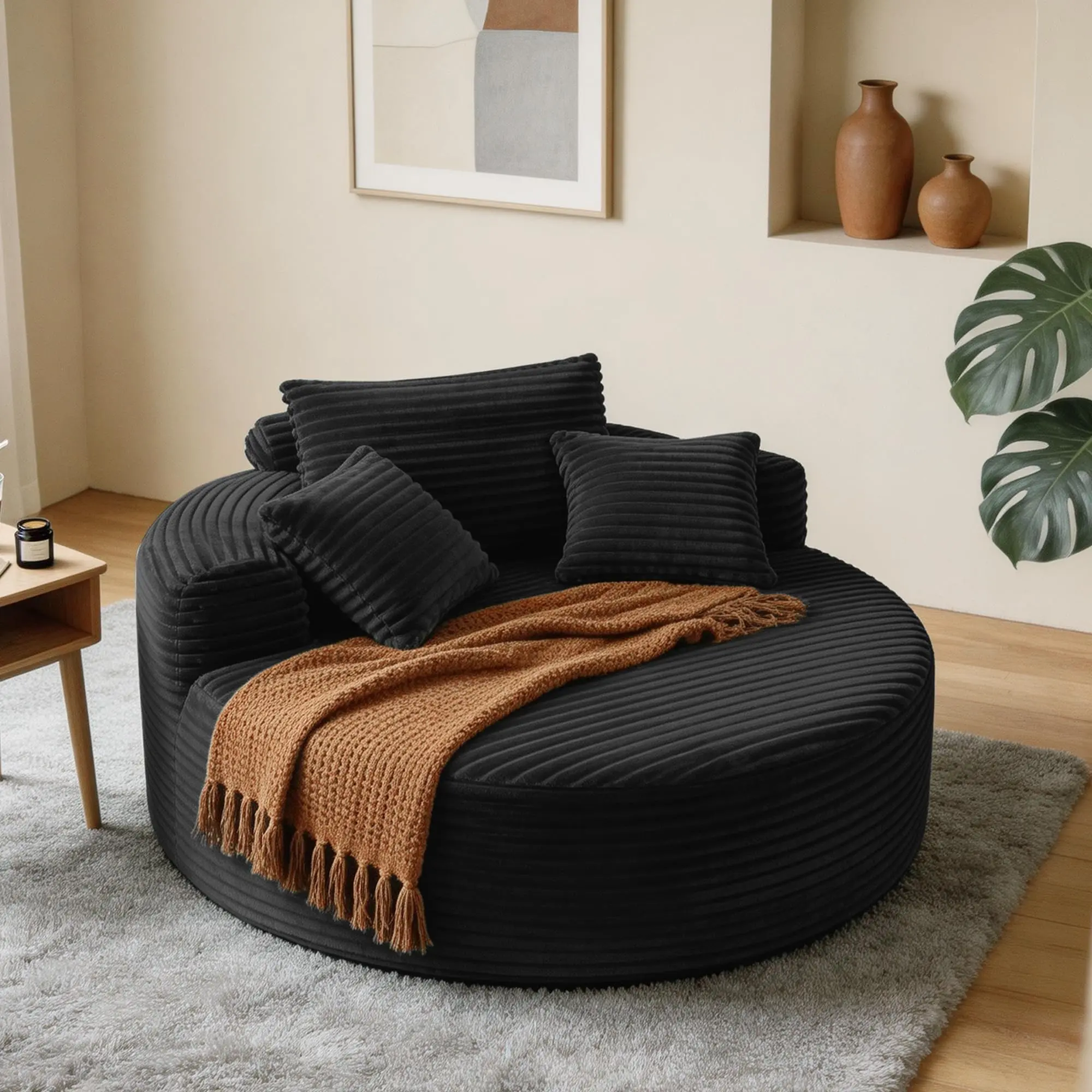 Oversized 55'' Round Chaise Lounge Chair – Deep Corduroy Upholstery – Soft Cloud Seat with 3 Pillows – Ergonomic Accent Chair for Living Room & Bedroom – Black