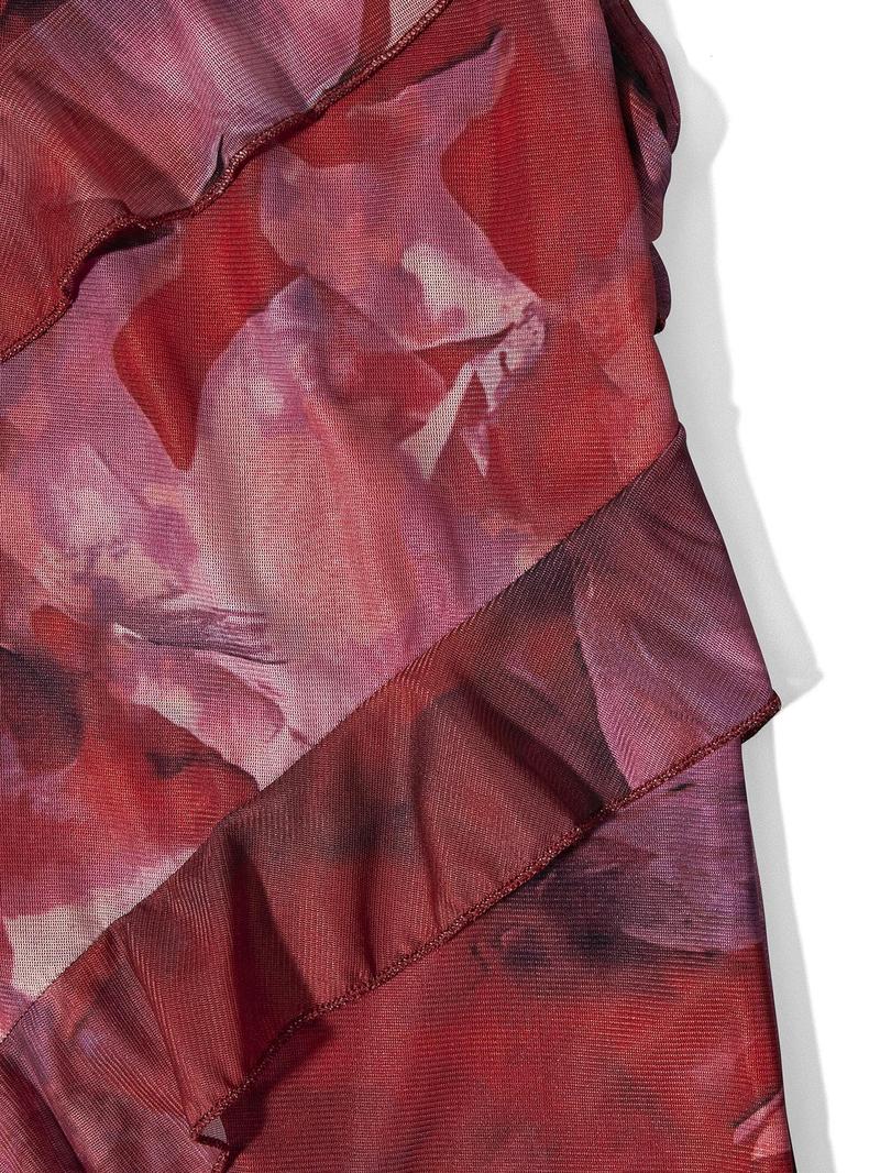 Women's Summer Strapless Belted Dress, Hip Frill Decoration, Fashionable Sexy Party Mini Dress, Sleeveless Floral Print, Slim-Fitting, Elegant Romantic Dress