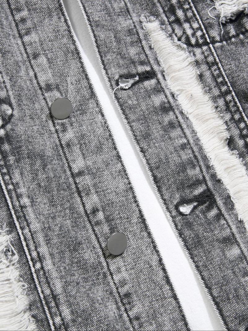 Men's Distressed Ripped Denim Jacket, Denim Jean Jacket, Fashion Comfy Longsleeves Outerwear for Daily Wear, Men's Clothing for All Seasons, Cotton Menswear, Casual Style Outerwear, Casual Fall Jacket, Casual Jacket Coat, Clothe, Vintage Street Wear