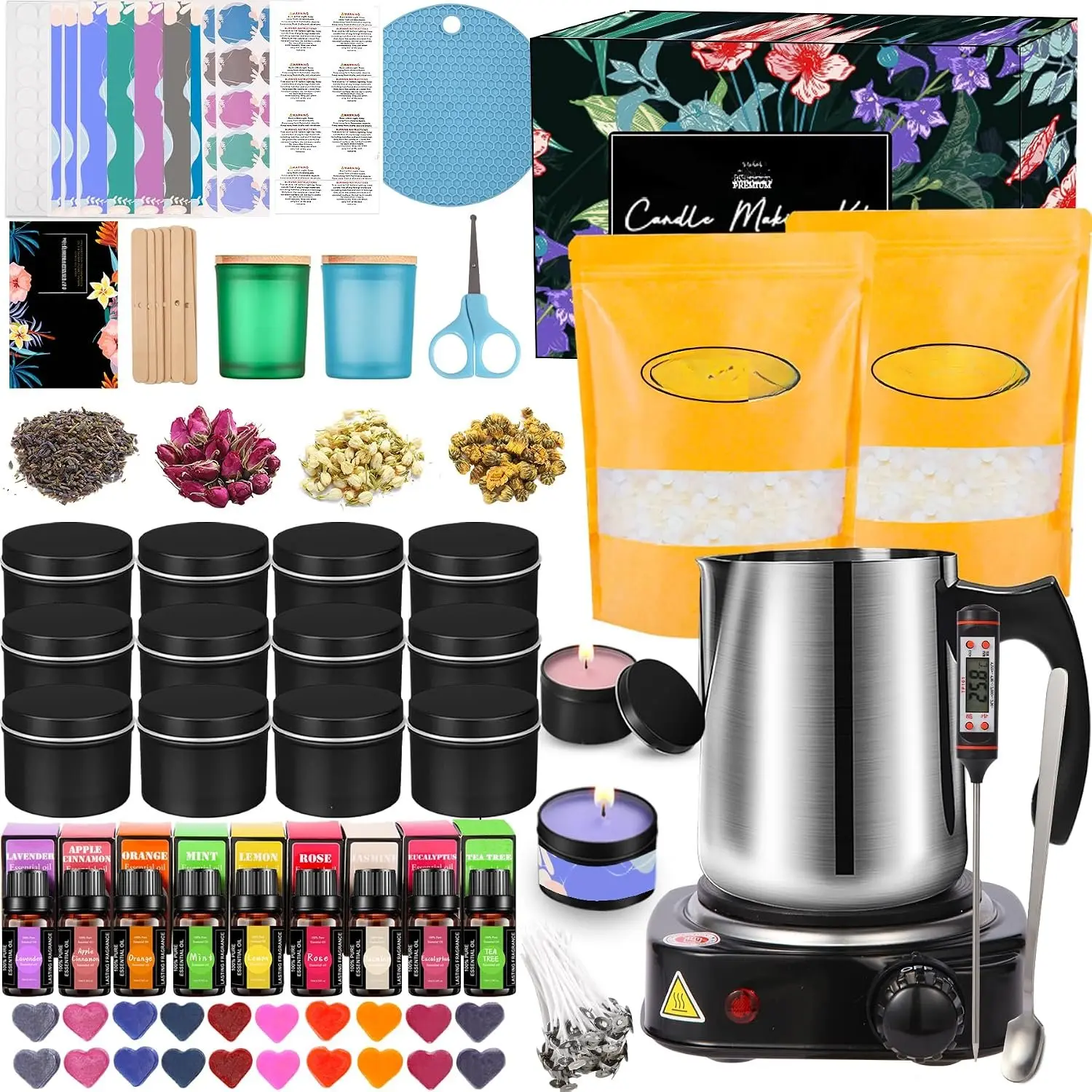 Candle Making Kit with Wax Melter, DIY Arts&Crafts  for Adults,Beginners,Candle Making Supplies,Including  Stove,Rich Scents,Wicks,Melting Pot,Dyes,Candle tins
