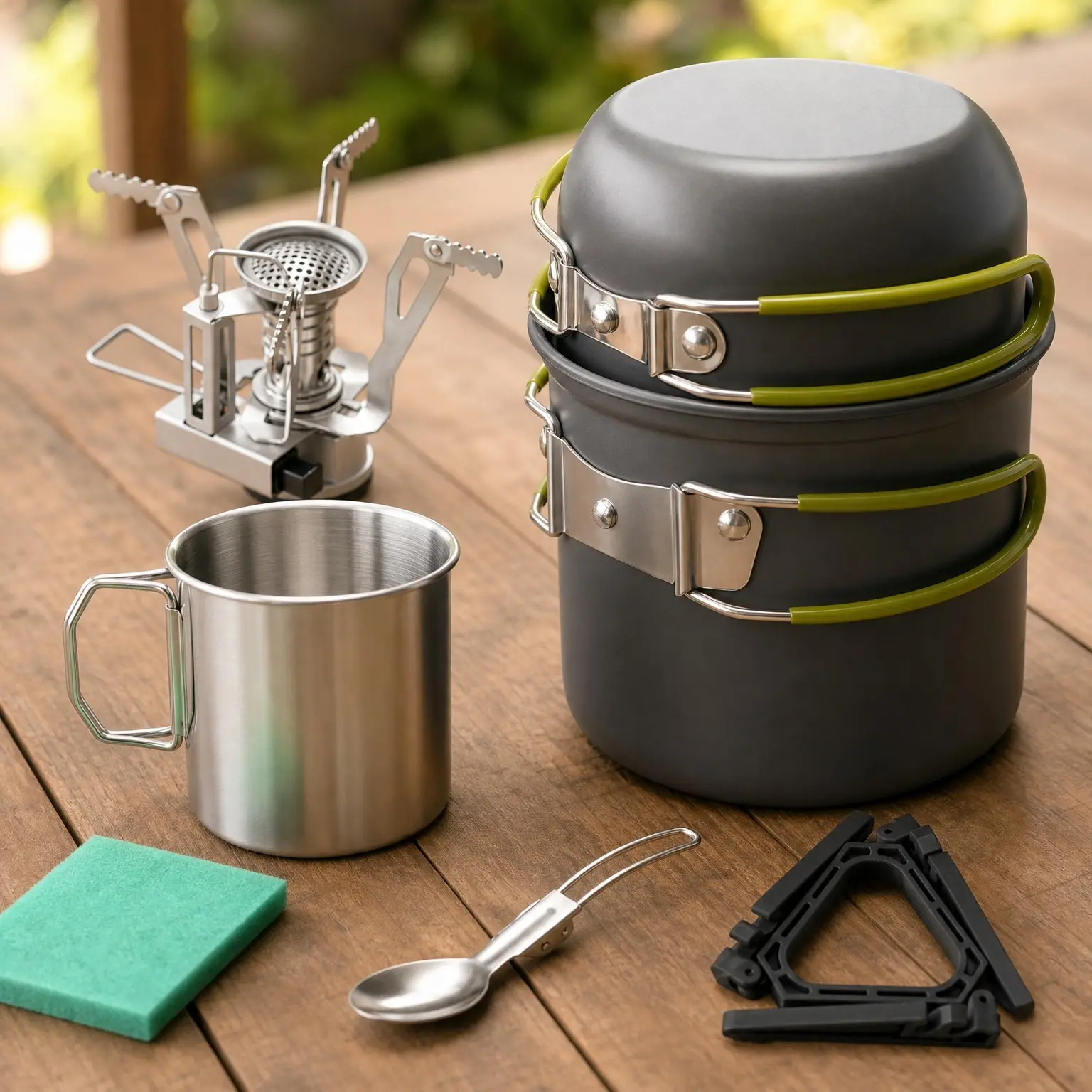 8-Piece Camping Cookware Mess Kit - Pot and Pan Set with Mini Backpacking Stove, Stainless Steel Cup, Spork and Tank Bracket, Outdoor Cooking Gear for Hiking, Picnic, Campfire
