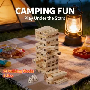 58pcs Set - Mini Wooden Tower Stacking Blocks Game, 54 Blocks Set with 4 Dice, Stackable 1-54 Number Tumbling Tower, Adult Interactive Tabletop Game, Christmas Gift Preferred, Game Night Party Entertainment Applicable