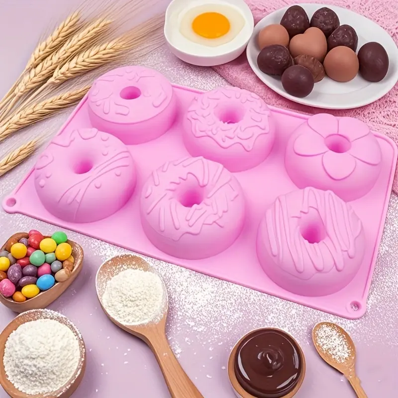 Creative Doughnut Baking Mold 6-in-a-Row Pattern Doughnut Mold Chocolate Mold Cake Decoration Mold, Resistant to High and Low Temperature Baking and Freezing, Easy to Clean, Repeatedly DIY Dessert Mold